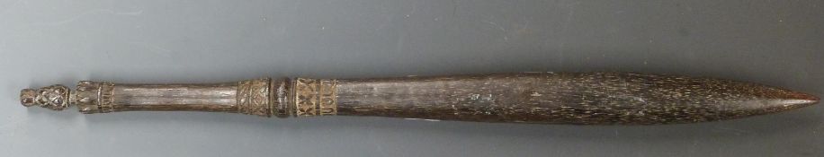 Aboriginal throwing club or Nulla with carved geometric decoration and unusual carved knop, L48cm