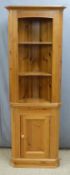 Pine corner cupboard with open shelves to top and cupboard below, W60 x H181cm