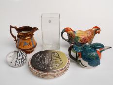 Novelty bird teapots, Royal Worcester plates, art pottery jug, lustre jug etc