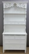 White painted dresser, the top having shelves and three drawers, the base fitted two over two