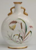 A 19thC pedestal moon flask hand decorated with flowers and insects in the style of Flight Barr &