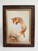 Bronte Porcelain signed plaque hand decorated with a fox pouncing on a mouse, signed T Young (ex
