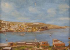 Major F P Stoodley oil on board 'Xemxija, possibly St Paul's Bay, Malta with label verso, 39 x 50cm