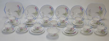 Shelley Ideal China teaware decorated with crocuses, shape no 781613 and WR 066, includes twelve