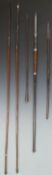 Five 19thC African spears (one with no handle) including three fish spears, various tribes.