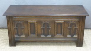 Oak coffer or blanket box with carved decoration , W113 x D45 x H52cm