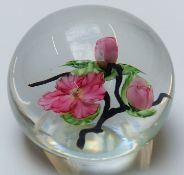 Daniel Salazar for Lundberg Studios glass paperweight with pink prunus blossom decoration, signed