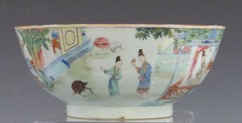 Chinese 19thC famille verte enamelled pedestal punch bowl decorated with court scenes, figures in