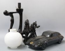 Dartmouth Pottery E-type Jaguar, Art Deco style lamp and a horse desk stand, large Denby vase, retro