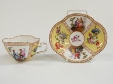 Augustus Rex lobed cabinet cup and saucer decorated with Watteau scenes on a yellow ground. H 5.5cm