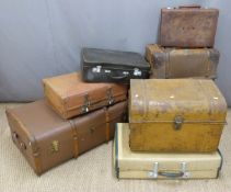 Collection of vintage luggage including ash bound steamer trunks, leather suitcases etc., width of