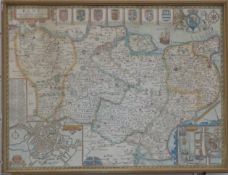 John Speede 17th century coloured map of Kent with her cities and Earles described and observed with