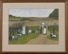 J.Price naive watercolour of farm workers with farmstead beyond, 31 x 44cm