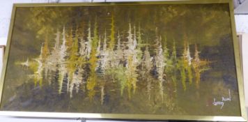 Jeffrey Allen modern abstract landscape trees reflected in a lake, signed lower right, 59.5cm x