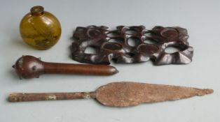 Chinese hardwood stand, an iron spear head, unusual scroll holder shaped as a mace and a reverse