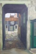 J Freeman acrylic on board 'Stable Yard Through an Archway' signed and dated 67 lower right, 89 x