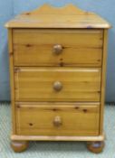 Pine bedside chest of three drawers, W43 x D42 x H60cm