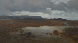 Arnold Helcke (1843-1912) oil on canvas beach at low tide with fishing creel and birds and