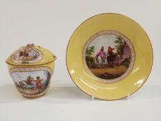 Meissen 19thC cabinet chocolate cup and saucer decorated with horses and riders on a yellow