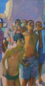 Modern vibrant abstract Moroccan boys or 'Salah has a look', believed Bath artist, 80 x 42cm