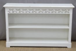 White painted bookshelves with carved decoration, W136 x D34 x H84cm