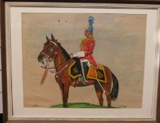 S Gordon watercolour of Indian soldier on horseback, 38x50cm