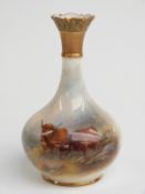 Royal Worcester pedestal vase hand-decorated with Highland cattle in moorland and mountainous