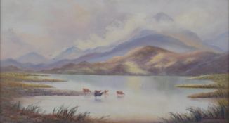 Richard Roberts oil on board Highland cattle watering with mountains beyond, signed lower right,