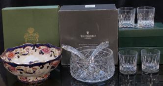 Waterford Crystal salad bowl and servers, Thomas Webb crystal whisky tumblers and a Masons