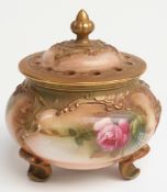 Royal Worcester footed pot pourri hand decorated with roses and signed James Hadley to base, H12cm
