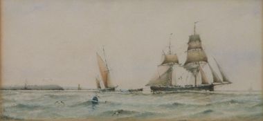 Richmond Markes, Victorian maritime watercolour two sailing ships with coast beyond, initialled