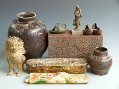 Quantity of Middle Eastern items including pencil box with lacquer decoration of a hunting scene,