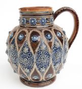 Doulton Lambeth ewer / jug with jewelled decoration, dated 1876 and signed Elizabeth Arthurs, H16cm