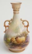 Royal Worcester twin-handled pedestal vase hand-decorated with sheep in a moorland and mountainous