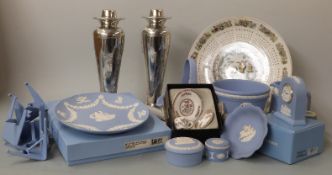 Large collection of Wedgwood Jasperware, some boxed including calendar plates, pair of plated