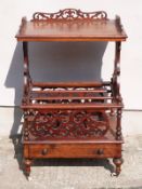 Victorian walnut Canterbury with shelf above, W56 x D40 x H87cm