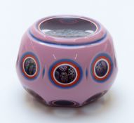John Deacons faceted quadruple overlaid glass paperweight with millefiori centre featuring five