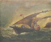 18th/19thC oil on canvas laid on board, sailing ship with coast beyond, 34 x 40cm