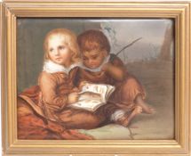 A framed porcelain plaque decorated with two children reading, possibly KPM/ Berlin, impressed verso