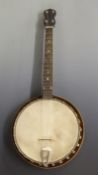 c1920s tenor banjo with fruitwood back, mother of pearl inlay to neck, inlaid bounding, nickel