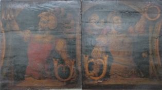 Pair of 18th/19th century oil on board classical style figures, each 60 x 54cm