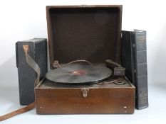 Early electric His Master's Voice gramophone with bakelite pick-up arm, shellac Colloquial French