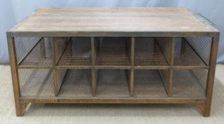 Ex Superdry industrial style table or shop fitting / haberdashery display stand with wooden top