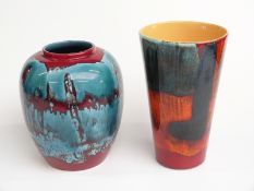 Poole Pottery bulbous vase with blue and red flambe glaze, H21cm, and a flare vase, signed but no