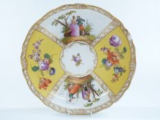 Meissen large pedestal dish decorated with Watteau scenes and floral panels on a yellow ground,