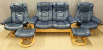 Ekornes Stressless blue leather and light beech reclining three piece suite and two footstools