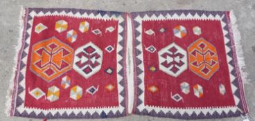 Red ground rug or prayer mat with geometric border, 125x63cm