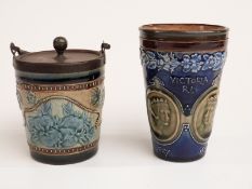 Doulton Slaters sucrier with plated mounts and swing handle and a Doulton Lambeth Queen Victoria