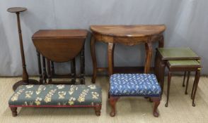 Demi lune table, oak drop leaf table, two occasional tables, jardinere stand and two stools etc