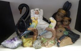 Retro/kitsch pottery items including Dartmouth Pottery swan jardiniere, pair of Indian Princess wall